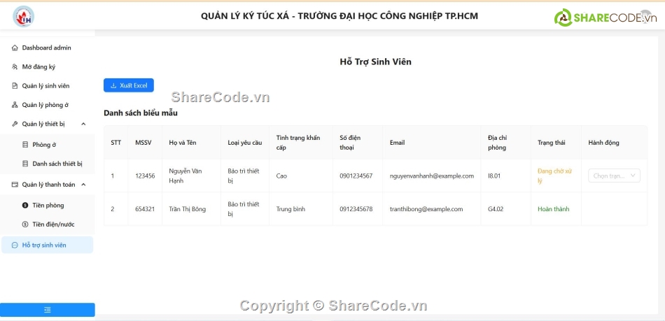 quản lý ký túc xá,Đồ án quản lý,code web quản lý